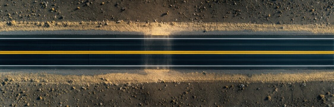 Overhead shot of an empty asphalt highway with bright yellow road markings extending into the distance, surrounded by green vegetation and gravel shoulders