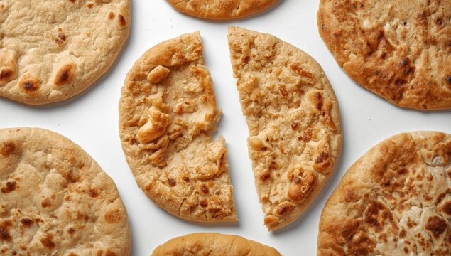 Isolated pita flatbread, also referred to as Arabic bread, includes varieties like chapati, Greek pita, naan, khubz, or tortilla, shown from above on a white background