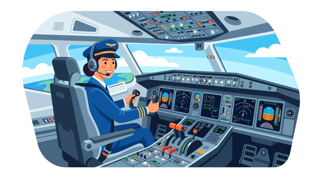 Female pilot in cockpit flying airplane with headset and controls.