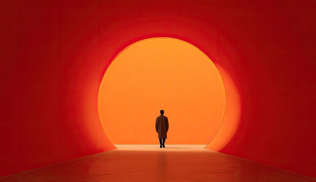 Lone figure walks towards a bright orange, circular, illuminated opening