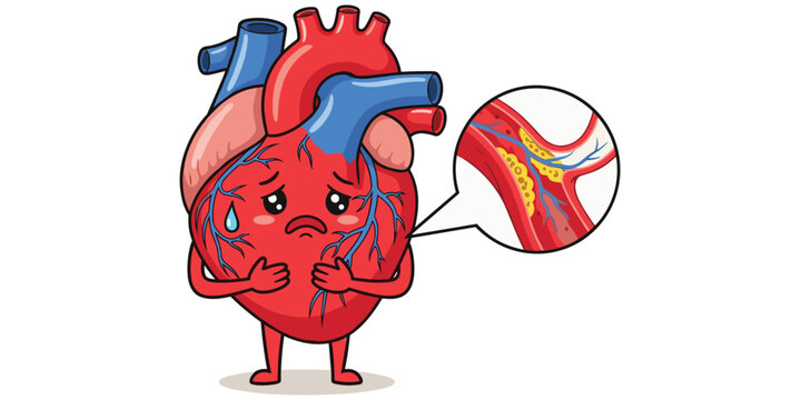 Cartoon human heart with sad face, blocked artery plaque buildup, cardiovascular disease, health problem, medical illustration concept artwork