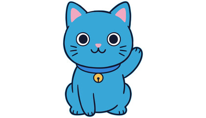 Fototapeta premium A cute blue cartoon cat with a collar and bell sits with its paw raised in a welcoming gesture looking forward with wide eyes animal pet illustration character drawing wave