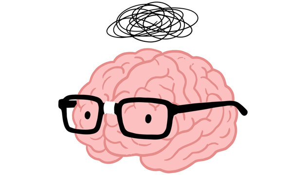 Pink cartoon brain with glasses and a scribbled thought bubble above symbolizing confusion or deep thinking idea mind concept knowledge intelligence learning education abstract