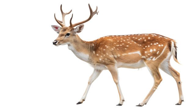 A fallow deer with impressive antlers on a white background