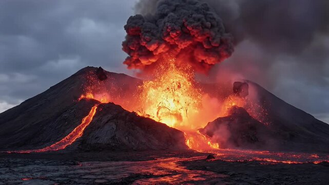 A violent volcanic eruption spews lava, ash, and glowing debris into a dark sky
