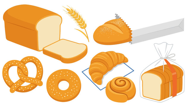 Collection of various baked goods including sliced loaf bread a pretzel a bagel croissants a cinnamon roll and wheat stalks bakery slicing breakfast pastry food dough sweet