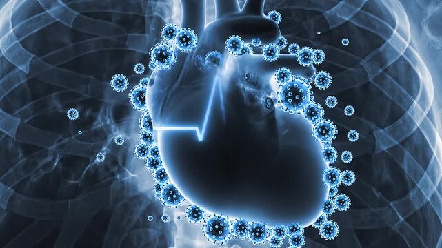 Digital X-ray of Human Chest with Heart and Coronavirus Particles and ECG Line Animation