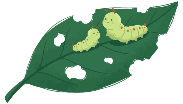 Two cute plump light green caterpillars with red spots are crawling on a torn green leaf insect larva nature animal small eating wildlife garden bug growth transformation