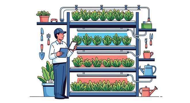 Farmer inspecting vertical hydroponic farm system.