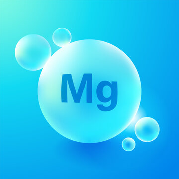 Magnesium Icon Supplement in 3D Vector on Blue Bubble, Representing Mg Mineral Vitamin Nutrient, Chemistry Element Atom Circle, Pharmaceutical Health Concept, Magnesium Glycinate, Citrate ,Oxide form.