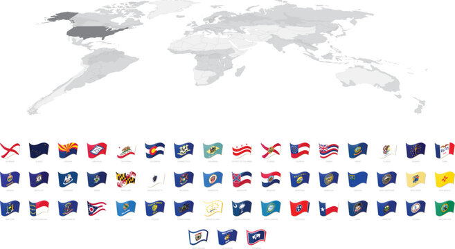 United States State Flags Collection with Highlighted USA Map &ndash; All 50 State Flag Icons Set