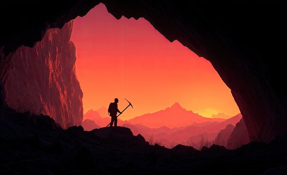 Explorer with pickaxe in silhouetted cave at vibrant sunset mountain landscape