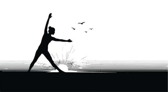 Woman practicing morning yoga routine in a serene outdoor setting isolated on a white background, useful for wellness lifestyle marketing and health-focused advertising campaigns for clients.