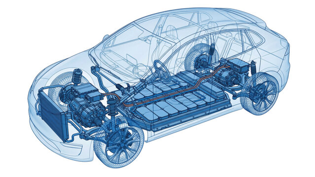 Technical 3D wireframe modern electric vehicle with x-ray view and translucent blue aerodynamic body. Ideal for EV and sustainable transport concepts.