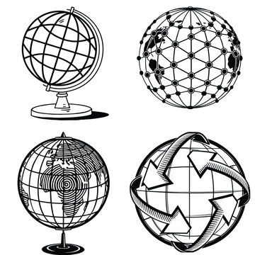 Global Recycling Symbol and Structural Grid Globe Vector line art