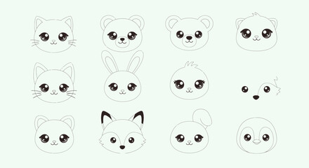 Fototapeta premium Cute cartoon animal faces collection various creatures line art