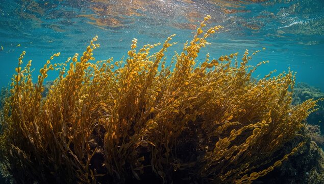 Sargassum sp., a type of brown seaweed, has elongated, leafy branches with buoyant bladders for floating. It flourishes in warm, shallow waters and offers shelter to diverse marine life
