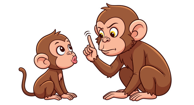 A wise adult cartoon monkey teaches a valuable lesson to a curious baby monkey, pointing a finger in a playful yet firm manner, ideal for children's educational content on behavior