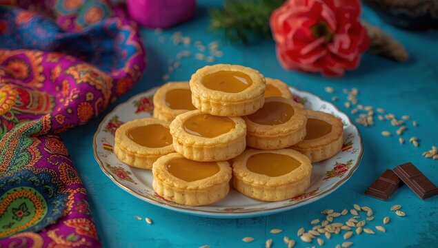 Biskut Tart, a Malaysian cookie, features bite-sized pastries filled with pineapple jam and is a favored treat during Hari Raya