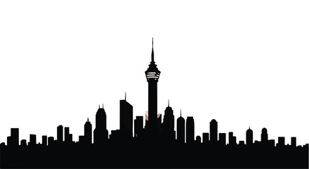 Obraz premium Skyscrapers silhouette featuring a prominent communication tower stands against a white background to represent modern urban development, international trade, and the growth of global metropolises.