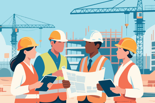 Construction professionals with tablets and blueprint at site, stylized vector illustration of teamwork and planning.