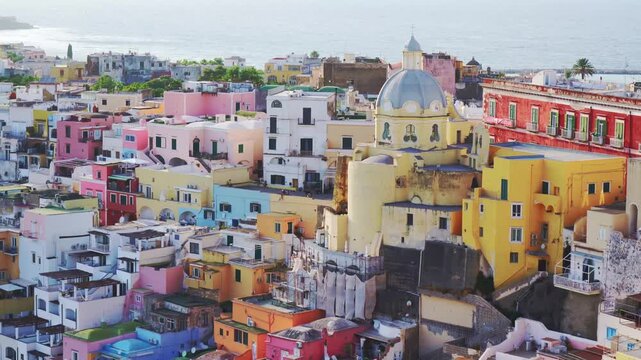Panoramic view of colorful Procida waterfront in Campania, Italy