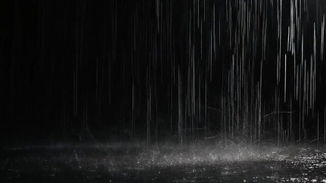Powerful rainfall creates a mesmerizing cascade of drops splashing onto a dark surface, highlighting nature's intense and atmospheric beauty