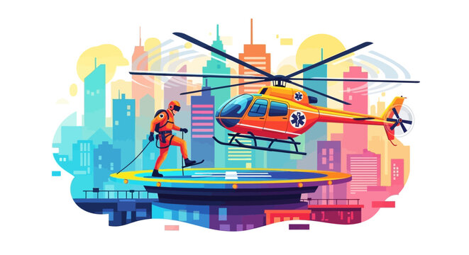 Helicopter rescue operation in urban environment with rescuer.