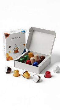 Assorted Nespresso Capsules in Box - Aromatic Coffee Variety.