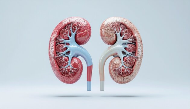 Clean 3D anatomical illustration of human kidneys with cross-section on a light background