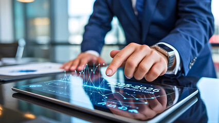 Fototapeta premium Business Tech Interaction: A close-up shot of a well-dressed individual interacting with a futuristic tablet, his finger poised over the digital display. The technology.