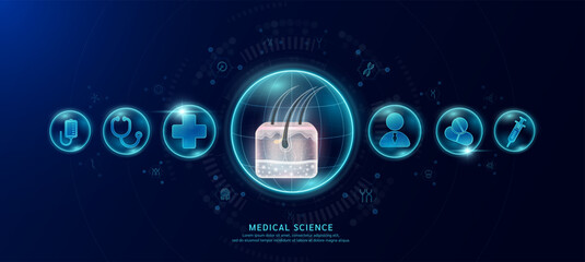 Science medical banner dark blue. Hair skin organ hologram in transparent spherical dome along with the icons of a doctor plus sign and syringe. Vector EPS10. © Adisak