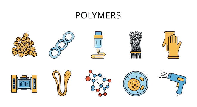 Polymers and plastic materials icons set.