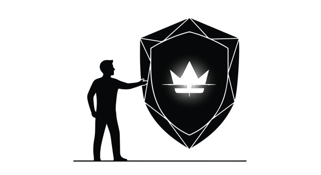 Businessman standing next to a large protective shield signifies concepts of security, corporate safety, risk management, asset protection, and reliable leadership in a professional environment.