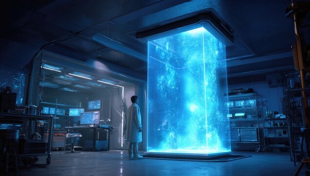 Scientist observes swirling blue energy within a glowing rectangular chamber