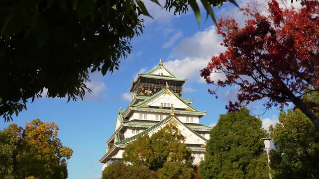 Osaka Castle framed by autumn trees and blue sky Japan