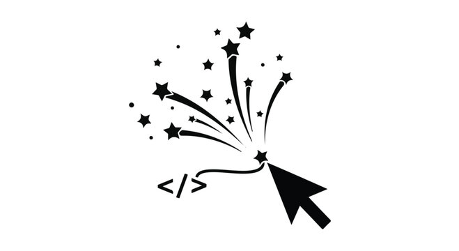 Cursor clicking on a code snippet triggers a vibrant burst of stars and digital sparks to symbolize the creative explosion of software development and the magic of writing innovative new programs.