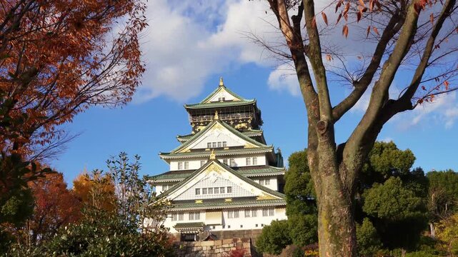 Cinematic zoom on Osaka Castle in autumn Japan