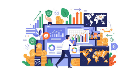 Naklejka premium Man Analyzing Financial Data on Digital Dashboard with World Maps.