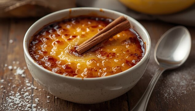 Detailed view of yellow baked sago pudding in a bowl with a charred top, made from eggs, custard, cream, tapioca pearls, cinnamon, sugar, vanilla, and butter