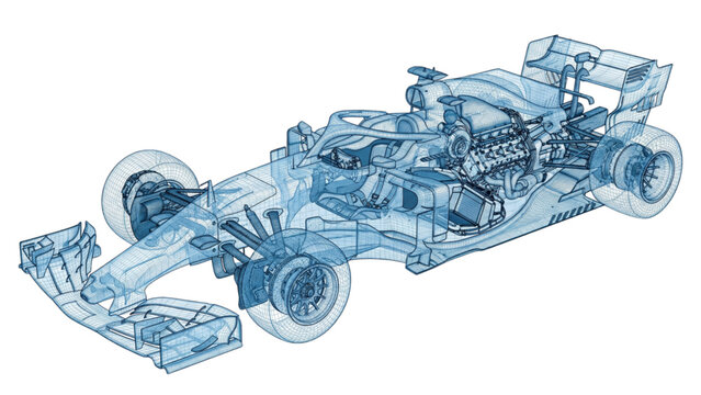 Technical 3D wireframe modern open-wheel race car with x-ray view, translucent blue aerodynamic body and wings. Ideal for motorsport concepts.