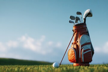 Naklejka premium Orange golf bag with clubs stands on a grassy course, ready for play