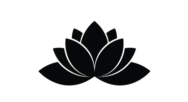 Lotus flower depicted as a symmetrical black icon signifies purity and enlightenment within a simple and refined graphic representation suitable for wellness or spiritual branding projects.