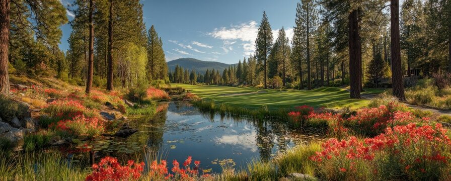Scenic golf course near lake tahoe with lush green fairways, tall pine trees, and vibrant red foliage in a tranquil mountain landscape
