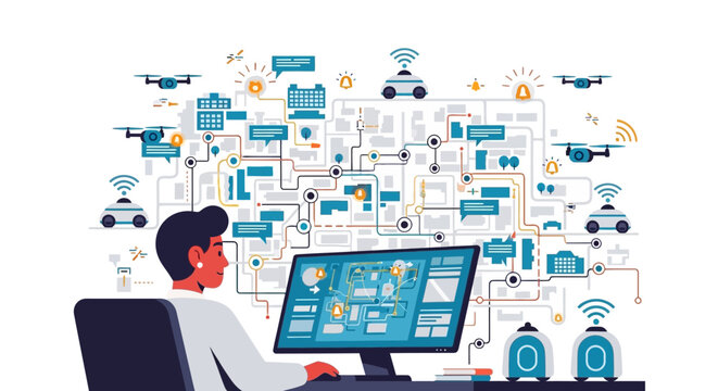 Man controlling complex network system from computer.