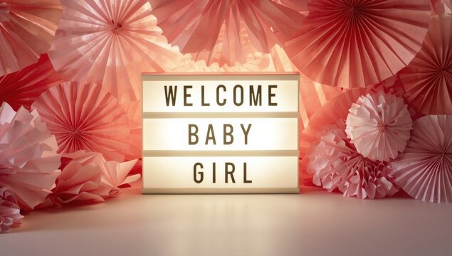 Greetings, baby girl. Pink-themed lightbox featuring letters and tissue paper decorations. Space for text included