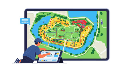 Fototapeta premium Man designing a park map on a digital tablet.