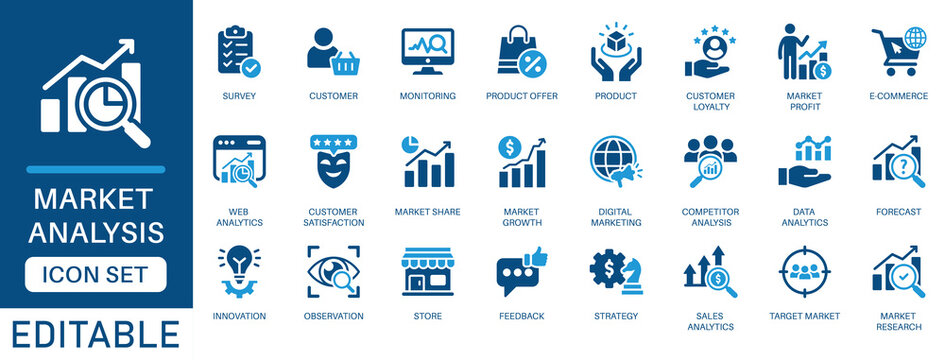 Market analysis icon set. featuring data analytics, customer research, digital marketing, sales forecasting, and business strategy in blue flat design style.