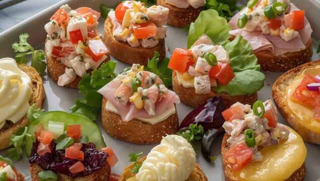 Appetizer or bread topped with ham, cheese, crab stick, and tuna