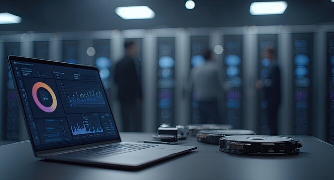 Laptop displays data analytics in a server room with blurred figures in background